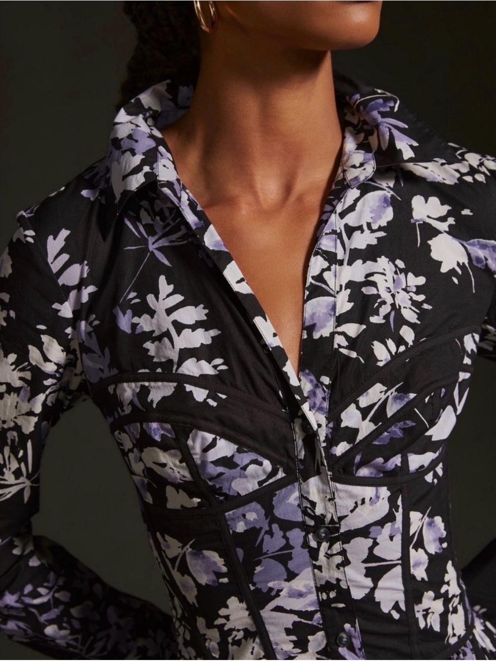 By Anthropologie Purple Floral Corset Collared Shirt Dress Size 8 - Picture 2 of 10